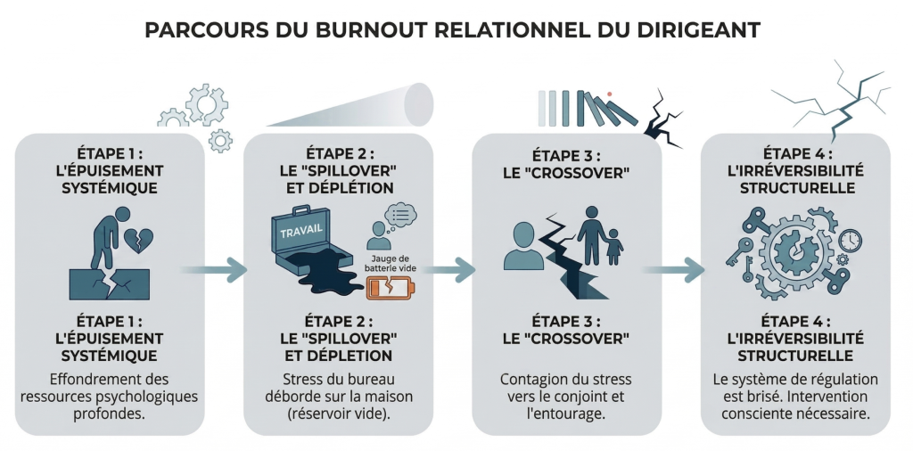 Infographie en quatre étapes illustrant le processus de burnout relationnel du dirigeant
